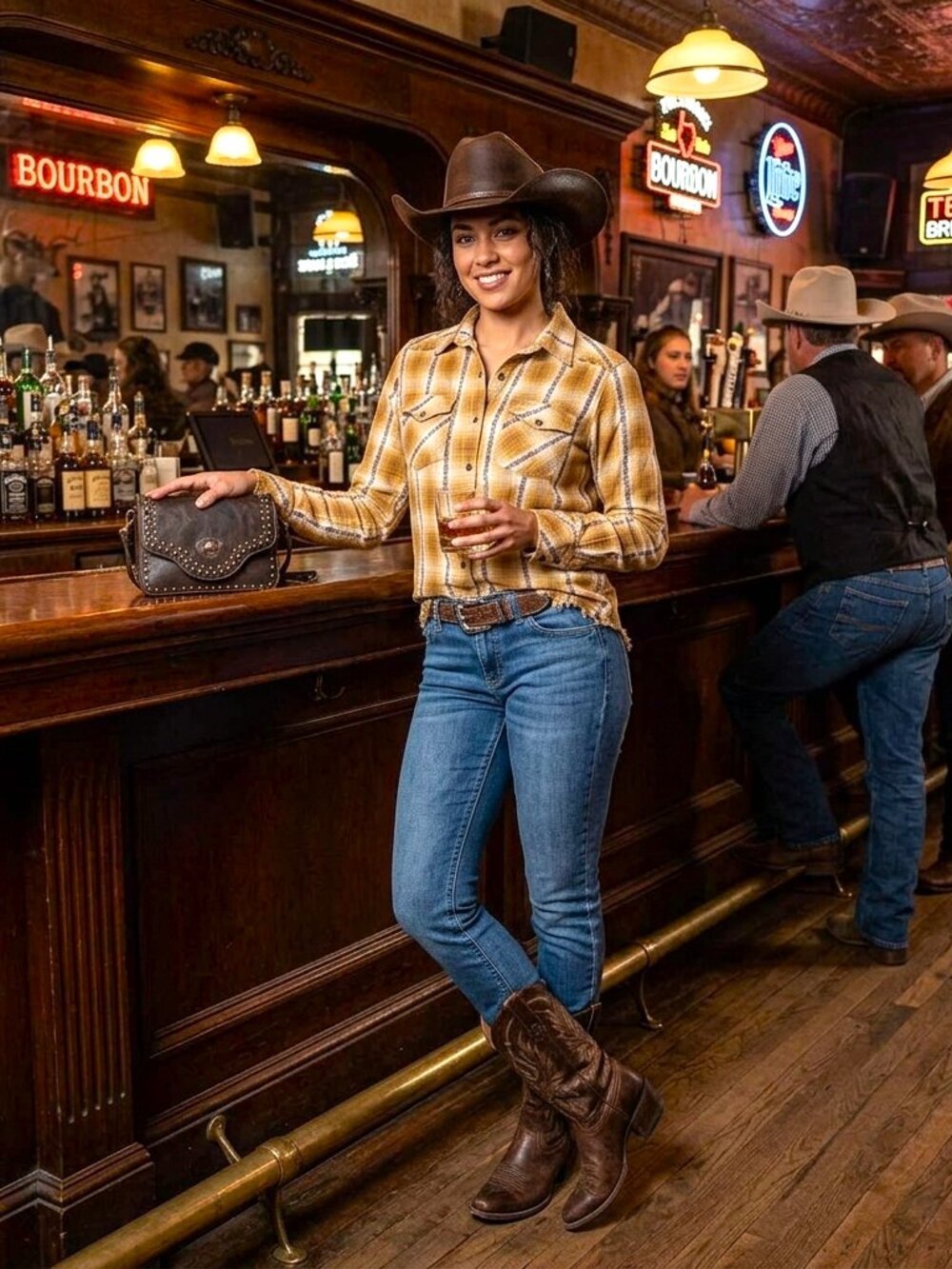 Legendary Stockyards Womens Western Shirt Small Brown/Black Plaid Brass Snaps